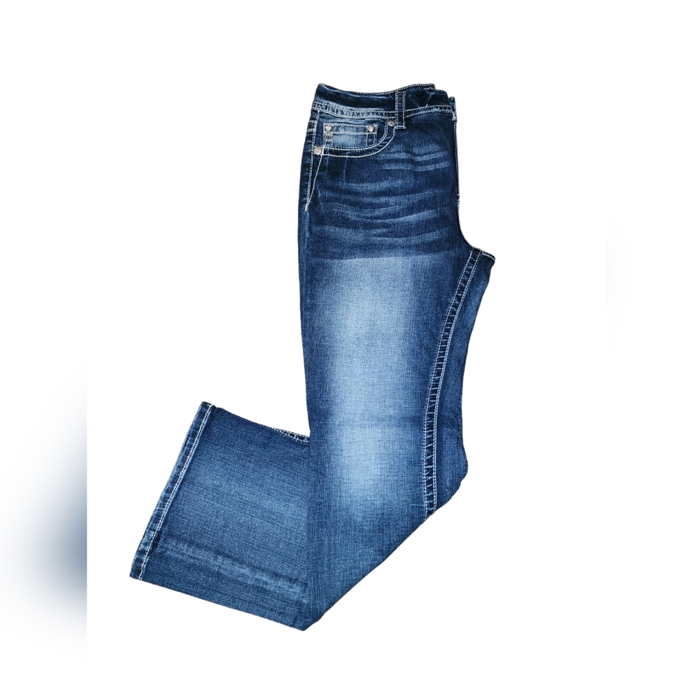 Miss Me Women's Curvy Fit Boot Cut Mid Rise Embellished Jeans Size 34X31.5
